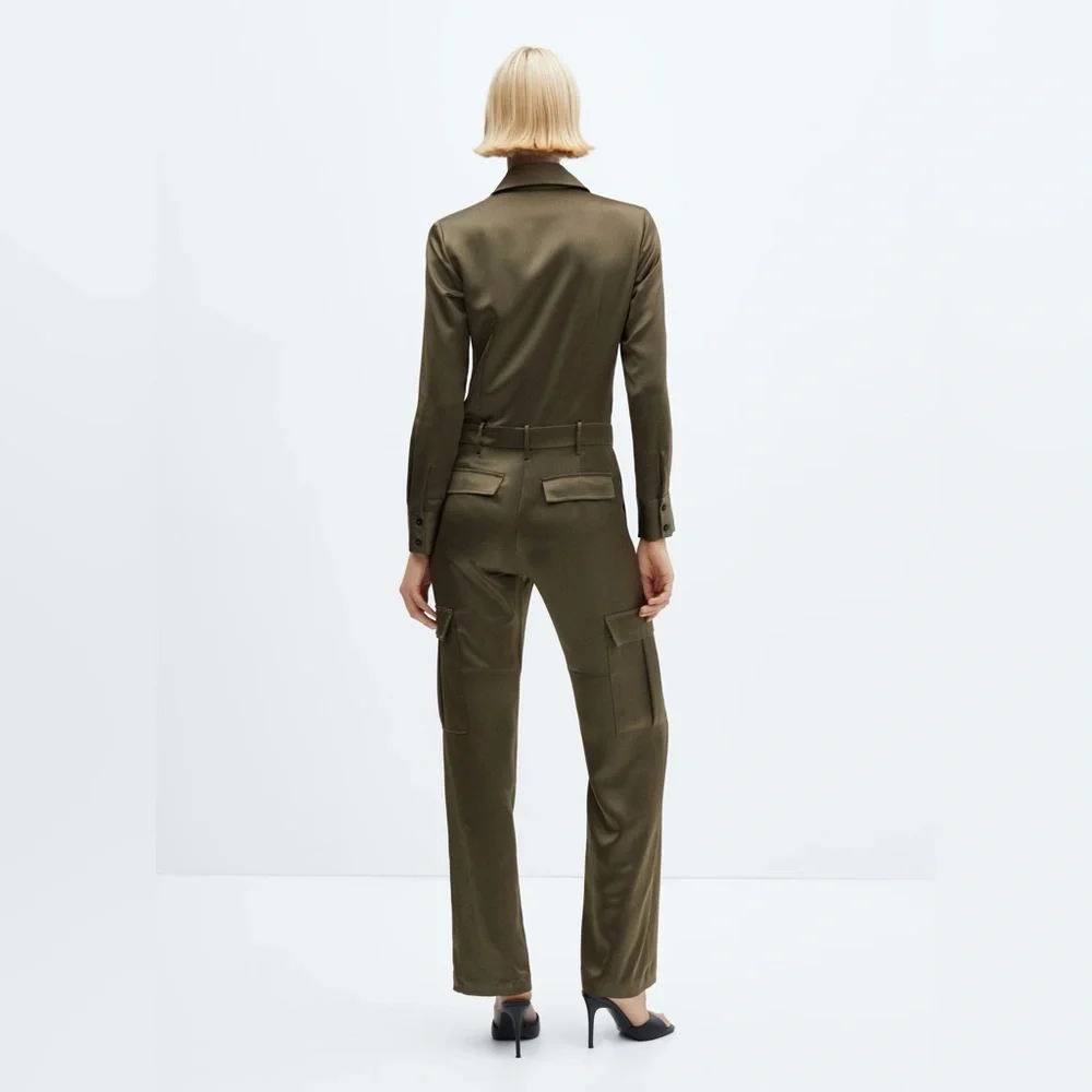 Mango khaki satin jumpsuit NWT